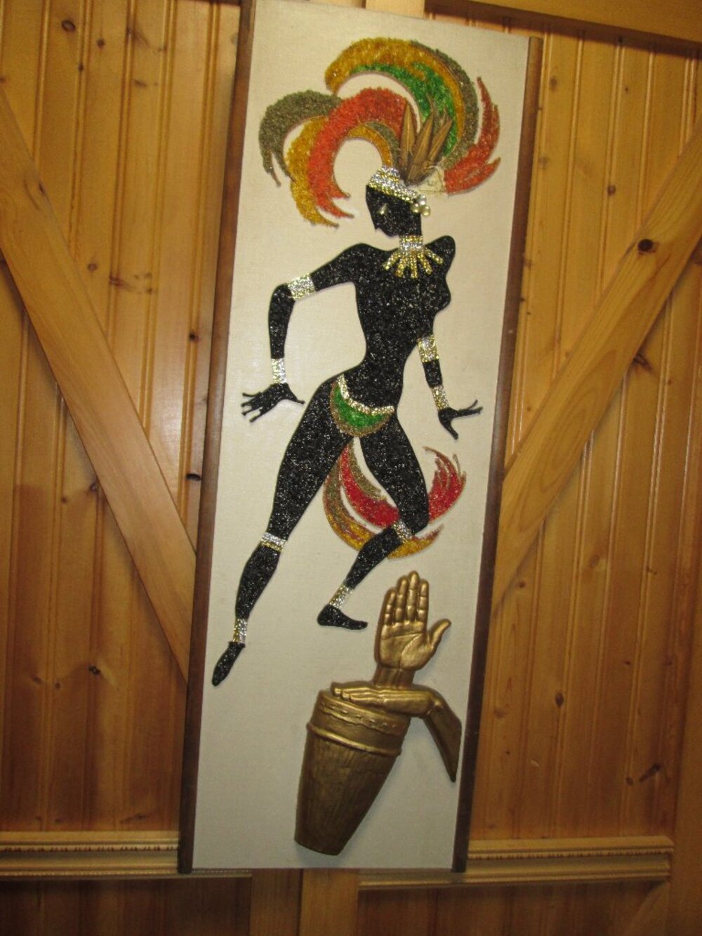 Vtg Art Deco 60s gravel art wood trim Tribal dancer in head gear gold hand